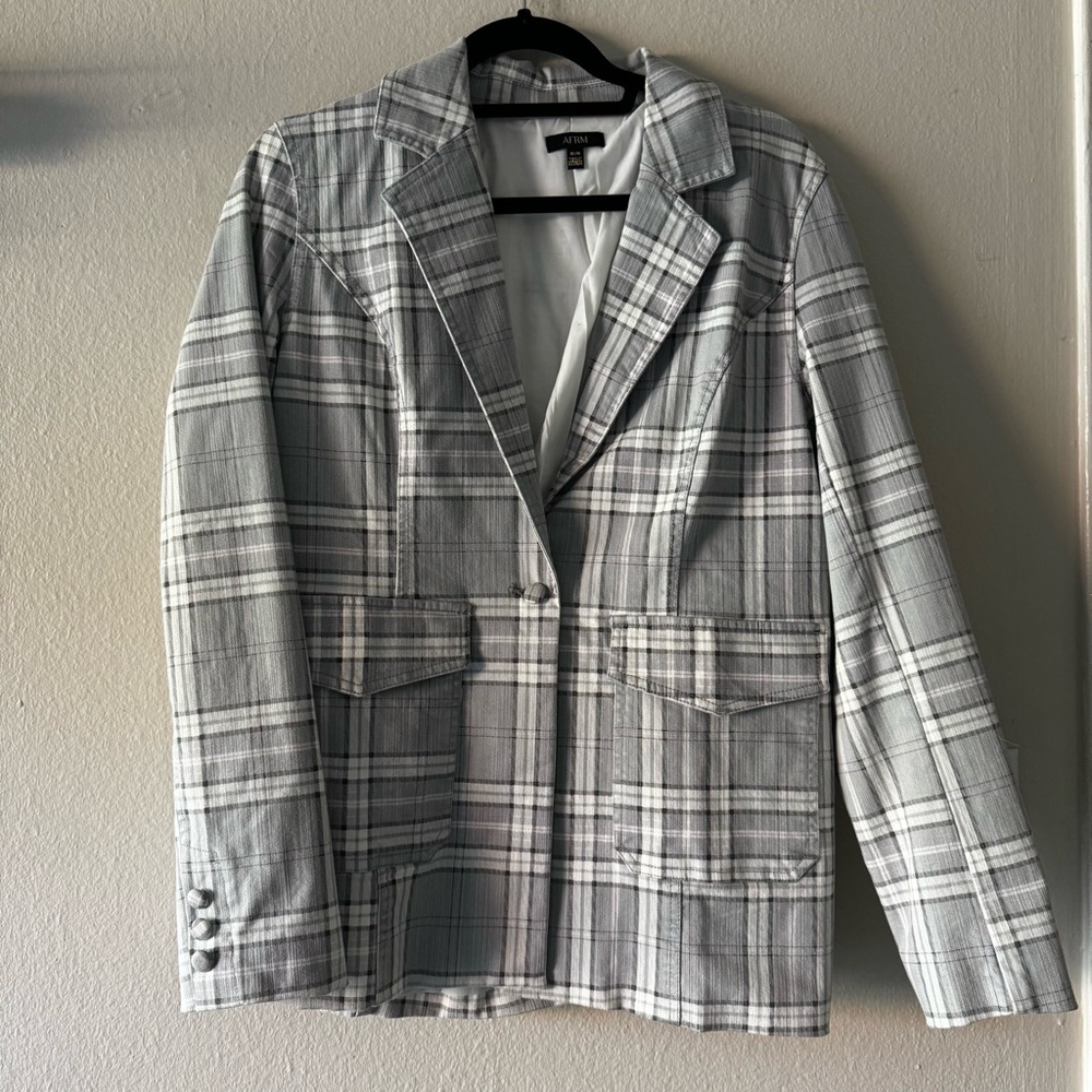 AFRM Lila Gray Pink Plaid Cotton Blend Denim Blazer M lined